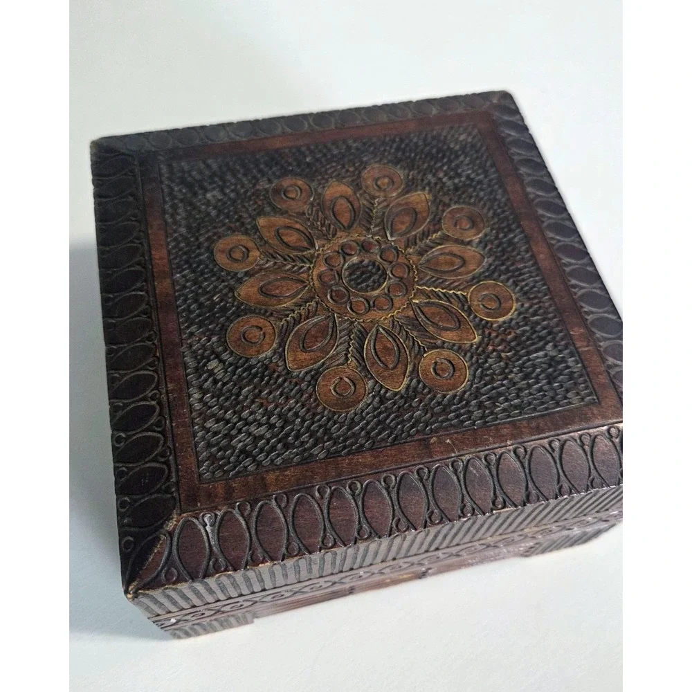 Vintage Polish Wooden Box Hand Carved Pyrography Hinged Trinket Wood Jewelry Box